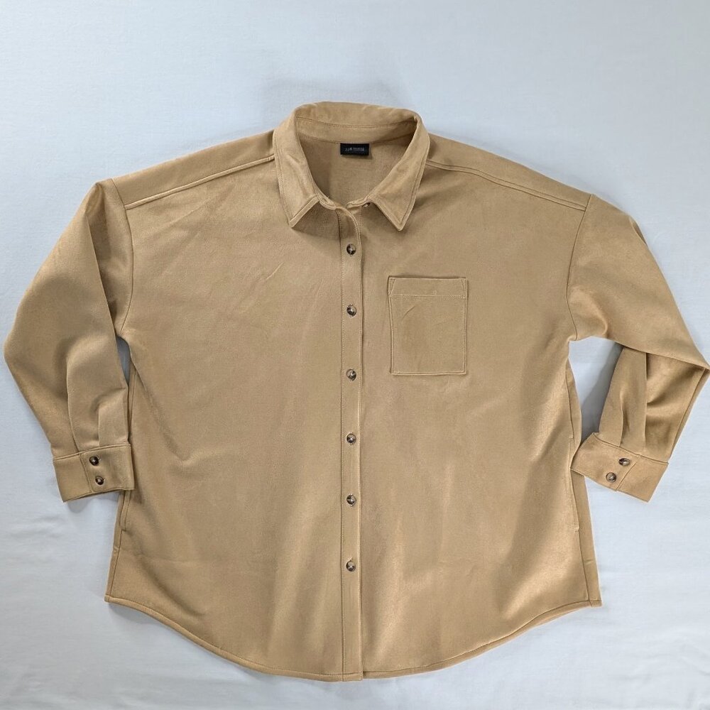 J Jill Wearever Collection Tan Faux Suede Front Pocket Oversized Shirt Jacket